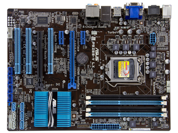 T. Madre ASUS P8Z68-V LX, ChipSet Intel Z68,
Soporta: Core i7/i5/i3 de Socket 1155,
Integrado: Audio HD, Red,
 USB 3.0 y SATA 3.0,
Memoria: DDR3 2200(O.C.)/1600/1333MHz 32GB Max,
ATX, Ptos: 2xPCIEX16, 2xPCIEx1