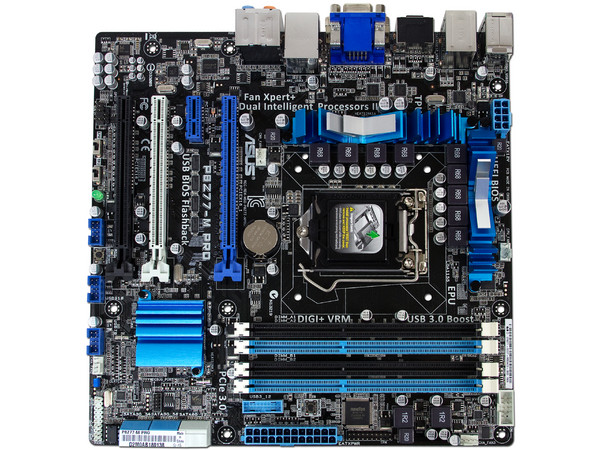 T. Madre ASUS P8Z77-M PRO, ChipSet Intel Z77,
Soporta: Core i7/i5/i3 de Socket 1155,
Memoria: DDR3 2400(O.C.)/1600/1333MHz, 32GB Max,
Integrado: Audio HD, Red Gigabit,
USB 3.0, SATA 3.0,
Diseño Micro-ATX, Ptos: 1xPCIEX16 ,2xPCIEX3.0X16