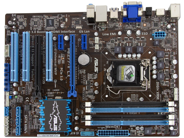 T. Madre ASUS P8Z77-V LX, ChipSet Intel Z77 Exp.,
Soporta: Core i7/ i5/ i3 de Socket 1155,
Memoria: DDR3 2400(O.C.)/1866(O.C.)/1333/1066MHz, 32GB Max,
Integrado: Audio HD, Red Gigabit,
SATA 3.0, USB 3.0,
Diseño M-ATX, Ptos: 2xPCIEX16, 2xPCIEx1