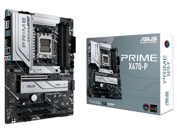 T. Madre Asus Prime X670-P, Chipset AMD X670,
Soporta Procesador AMD Ryzen 7000 Series, Socket AM5,
Memoria: DDR5  6200(OC)/ 5600(OC)/ 4800 MHz, 128GB Max, 
Integrado: Audio HD, USB 3.2, SATA 3.0, M.2, 
ATX, 3xPCIEx16, 1xPCIEx1