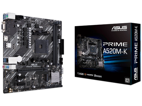 T. Madre ASUS PRIME A520M-K,
Chipset AMD A520,
Segmento: Básico,
Soporta: AMD Ryzen 3ra, 4ta y 5ta Generación, Socket AM4,
DDR4 4600/3866/2133 MHz, 64GB Max,
Audio HD, Red, USB 3.0,
SATA 3.0, M.2,
Micro-ATX, Ptos: PCIE 3.0 x16, PCIE 3.0 x1. (Caja 