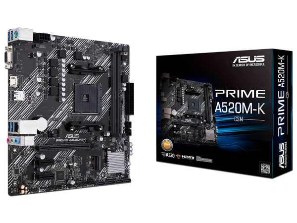 T. Madre ASUS PRIME A520M-K/CSM,
Chipset AMD A520, 
Segmento: Básico,
Soporta: AMD Ryzen 3ra, 4ta y 5ta Generación, Socket AM4,
Memoria: DDR4 4866, 64GB Max,
Integrado: Audio HD, Red, USB 3.0, SATA 3.0, M.2,
Micro-ATX, Ptos: PCIE 3.0 x16, PCIE 3.0x