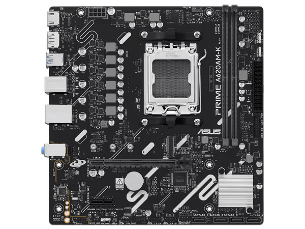T. Madre ASUS PRIME A620AM-K,
Chipset AMD A620,
Segmento: Básico,
Soporta: Procesador AMD Ryzen 8va y 9na Gen, Socket AM5,
Memoria: DDR5 7200/6200/4800 MHz, 128GB Máx,
Audio HD, Red, USB 3.2, SATA 3.0, M.2,
Micro-ATX, Ptos: 1xPCIe4.0x16, 1xPCIe3.0x1