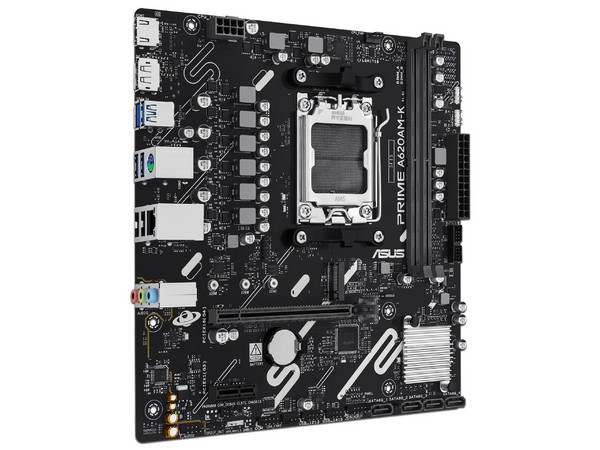T. Madre ASUS PRIME A620AM-K,
Chipset AMD A620,
Segmento: Básico,
Soporta: Procesador AMD Ryzen 8va y 9na Gen, Socket AM5,
Memoria: DDR5 7200/6200/4800 MHz, 128GB Máx,
Audio HD, Red, USB 3.2, SATA 3.0, M.2,
Micro-ATX, Ptos: 1xPCIe4.0x16, 1xPCIe3.0x1