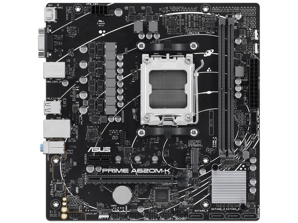 T. Madre ASUS PRIME A620M-K,
Chipset AMD A620, 
Segmento: Básico,
Soporta: Procesador AMD Ryzen 7ma y 8va Gen, Socket AM5, 
Memoria: DDR5 7600/6200/4800 MHz, 96GB Máx,
Audio HD, Red, USB 3.2, SATA 3.0, M.2,
Micro-ATX, Ptos: 1xPCIe4.0x16, 1xPCIe3.0x