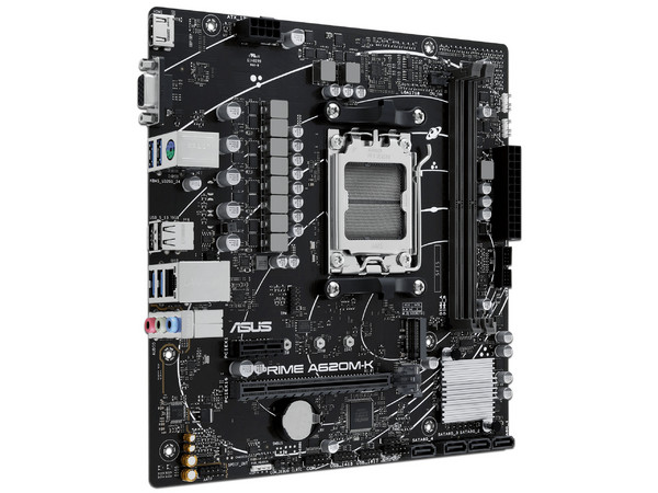 T. Madre ASUS PRIME A620M-K,
Chipset AMD A620, 
Segmento: Básico,
Soporta: Procesador AMD Ryzen 7ma y 8va Gen, Socket AM5, 
Memoria: DDR5 7600/6200/4800 MHz, 96GB Máx,
Audio HD, Red, USB 3.2, SATA 3.0, M.2,
Micro-ATX, Ptos: 1xPCIe4.0x16, 1xPCIe3.0x