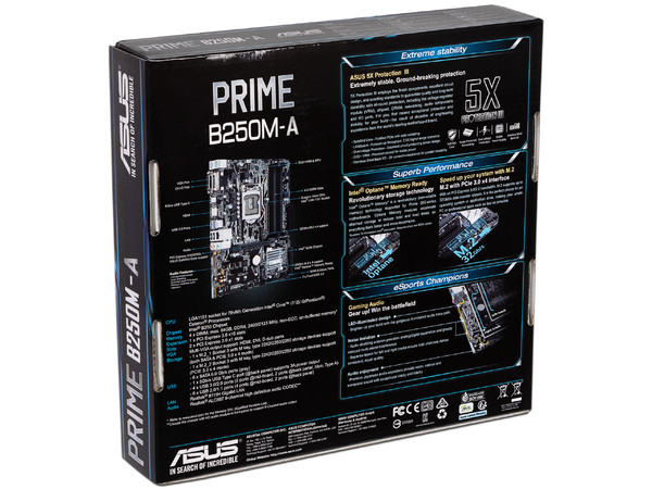 T. Madre ASUS PRIME B250M-A, Chipset Intel B250,
Soporta: Core i7 / i5 / i3 / Pentium / Celeron de 7ma Gen., Socket 1151,
Memoria: DDR4 2133MHz, 64GB Max,
Integrado: Audio HD, Red,
USB 3.0, SATA 3.0 y M.2,
Micro-ATX, Ptos: 1xPCIE 3.0 x16.