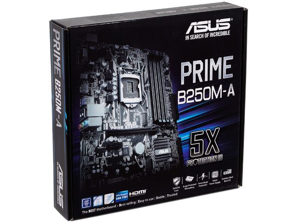T. Madre ASUS PRIME B250M-A, Chipset Intel B250,
Soporta: Core i7 / i5 / i3 / Pentium / Celeron de 7ma Gen., Socket 1151,
Memoria: DDR4 2133MHz, 64GB Max,
Integrado: Audio HD, Red,
USB 3.0, SATA 3.0 y M.2,
Micro-ATX, Ptos: 1xPCIE 3.0 x16.