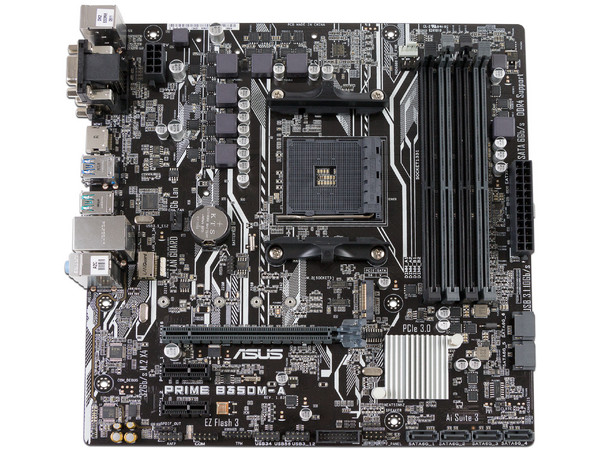 T. Madre ASUS PRIME B350M-A, ChipSet AMD B350, 
Soporta: AMD Ryzen/ Athlon / 7ma Gen A-Series de Socket AM4,
Memoria: DDR4 3200(O.C.)/2400/2133 MHz, 64GB Max,
Integrado: Audio HD, Red, USB 3.1 y SATA 3.0, 
Micro ATX, Ptos: 1xPCIEx16, 2xPCIEx1.