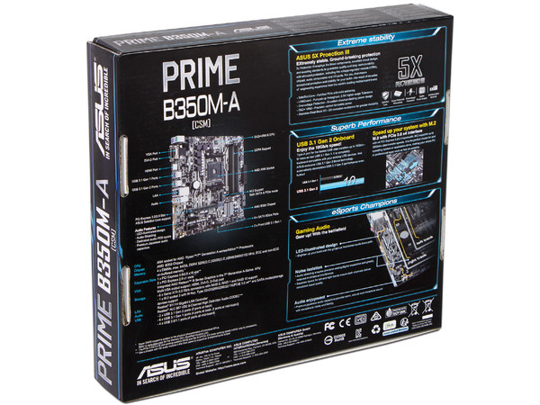 T. Madre ASUS PRIME B350M-A/CSM, ChipSet AMD B350, 
Soporta: AMD Ryzen/ Athlon / 7ma Gen A-Series de Socket AM4,
Memoria: DDR4 3200(O.C.)/2400/2133 MHz, 64GB Max,
Integrado: Audio HD, Red, USB 3.1 y SATA 3.0, 
Micro-ATX, Ptos: 2xPCIEx16, 2xPCIEx1.
