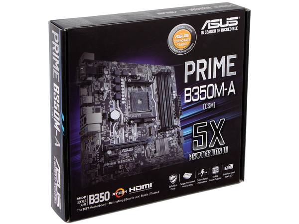 T. Madre ASUS PRIME B350M-A/CSM, ChipSet AMD B350, 
Soporta: AMD Ryzen/ Athlon / 7ma Gen A-Series de Socket AM4,
Memoria: DDR4 3200(O.C.)/2400/2133 MHz, 64GB Max,
Integrado: Audio HD, Red, USB 3.1 y SATA 3.0, 
Micro-ATX, Ptos: 2xPCIEx16, 2xPCIEx1.