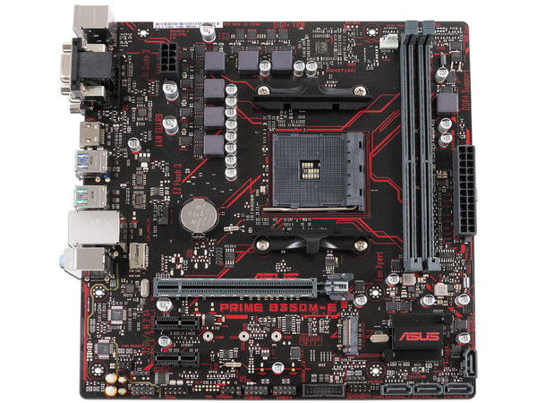 T. Madre ASUS PRIME B350M-E, ChipSet AMD B350, 
Soporta: AMD Ryzen/ Athlon / 7ma Gen A-Series de Socket AM4,
Memoria: DDR4 2400/2133 MHz, 32GB Max,
Integrado: Audio HD, Red, USB 3.1 y SATA 3.0, 
Micro ATX, Ptos: 1xPCIEx16, 2xPCIe 2.0.