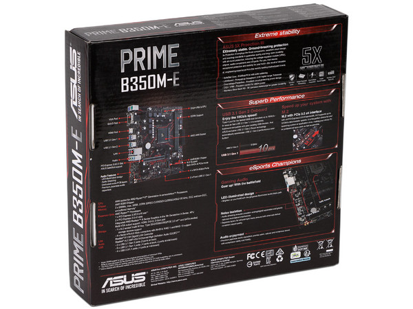 T. Madre ASUS PRIME B350M-E, ChipSet AMD B350, 
Soporta: AMD Ryzen/ Athlon / 7ma Gen A-Series de Socket AM4,
Memoria: DDR4 2400/2133 MHz, 32GB Max,
Integrado: Audio HD, Red, USB 3.1 y SATA 3.0, 
Micro ATX, Ptos: 1xPCIEx16, 2xPCIe 2.0.
