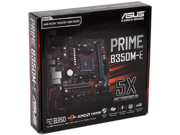 T. Madre ASUS PRIME B350M-E, ChipSet AMD B350, 
Soporta: AMD Ryzen/ Athlon / 7ma Gen A-Series de Socket AM4,
Memoria: DDR4 2400/2133 MHz, 32GB Max,
Integrado: Audio HD, Red, USB 3.1 y SATA 3.0, 
Micro ATX, Ptos: 1xPCIEx16, 2xPCIe 2.0.