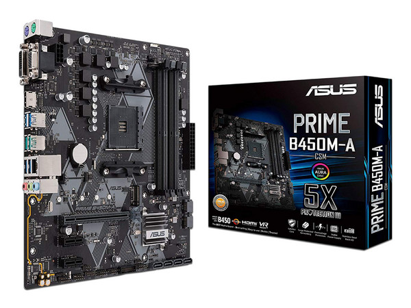 T. Madre ASUS PRIME B450M-A, ChipSet AMD B450, 
Soporta: AMD Ryzen 2da Generacion de Socket AM4,
Memoria: DDR4 3200(O.C.)/2400/2133 MHz, 64GB Max,
Integrado: Audio HD, Red, USB 3.1, 
Micro-ATX, Ptos: 1xPCIEx16, 2xPCIEx1.