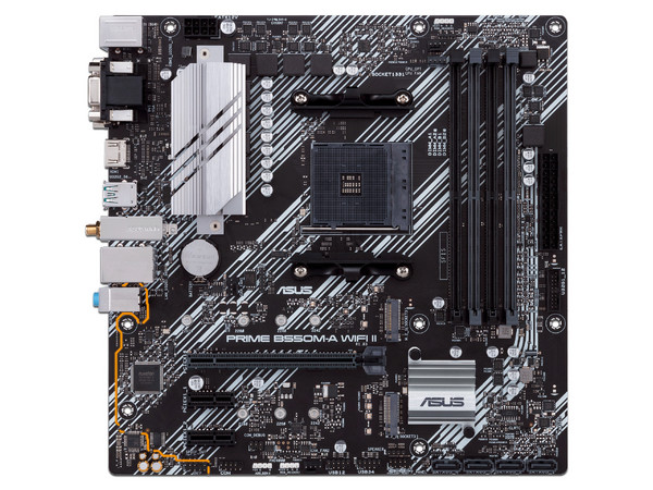 T. Madre ASUS PRIME B550M-A WIFI II,
Chipset AMD B550,
Segmento: Medio,
Soporta: AMD Ryzen 3ra, 4ta 5ta Generación de Socket AM4,
RAM: DDR4 4866/3866/2133 MHz, 128GB Max,
Audio HD, Red, Wi-Fi 5, USB 3.2,
SATA 3.0, M.2,
Micro-ATX, Ptos: 1xPCIE4.0x16