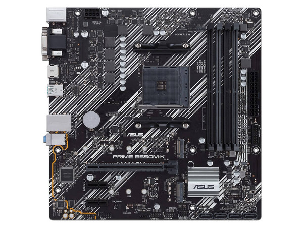 T. Madre Asus PRIME B550-K,
Chipset AMD B550,
Segmento: Medio,
Soporta: AMD Ryzen 3ra 4ta 5ta Generación, Socket AM4,
Memoria: DDR4  4600(OC)/ 3466/ 2133 MHz, 128GB Max,
Audio HD, Red, USB 3.2, SATA 3.0,
Micro-ATX, Ptos: 1xPCIEx16, 2xPCIEx1