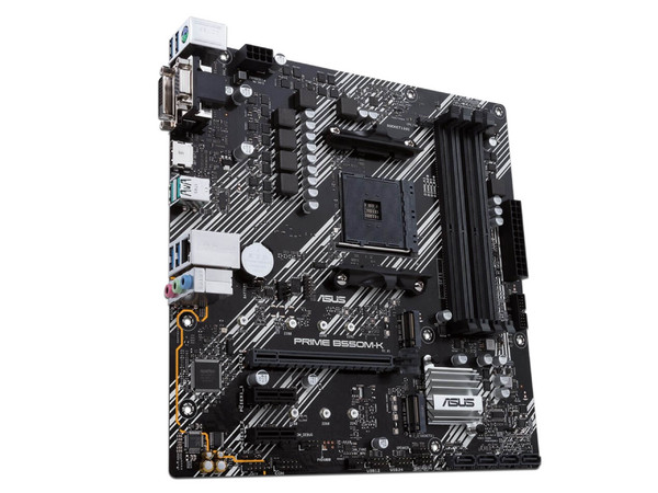 T. Madre Asus PRIME B550-K,
Chipset AMD B550,
Segmento: Medio,
Soporta: AMD Ryzen 3ra 4ta 5ta Generación, Socket AM4,
Memoria: DDR4  4600(OC)/ 3466/ 2133 MHz, 128GB Max,
Audio HD, Red, USB 3.2, SATA 3.0,
Micro-ATX, Ptos: 1xPCIEx16, 2xPCIEx1