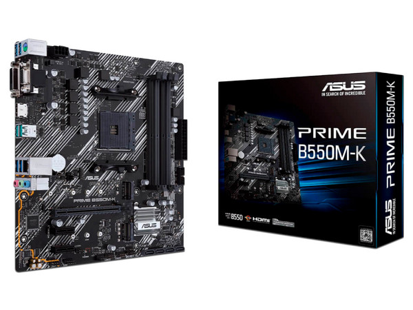 T. Madre Asus PRIME B550-K,
Chipset AMD B550,
Segmento: Medio,
Soporta: AMD Ryzen 3ra 4ta 5ta Generación, Socket AM4,
Memoria: DDR4  4600(OC)/ 3466/ 2133 MHz, 128GB Max,
Audio HD, Red, USB 3.2, SATA 3.0,
Micro-ATX, Ptos: 1xPCIEx16, 2xPCIEx1