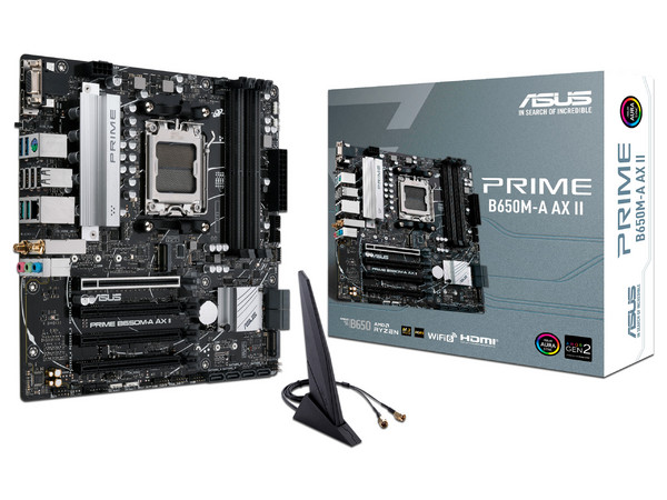 T. Madre ASUS PRIME B650M-A AX II,
Chipset AMD B650,
Segmento: Alto,
Soporta: AMD 7ma Generación de Socket AM5,
RAM: DDR5 6400/5600/4800MHz, 128GB Max,
AudioHD, Red, WiFi, USB 3.2 y SATA 3.0,
M.2, M-ATX, Ptos:2xPCIE4.0x16, 2xPCIE4.0x1.
