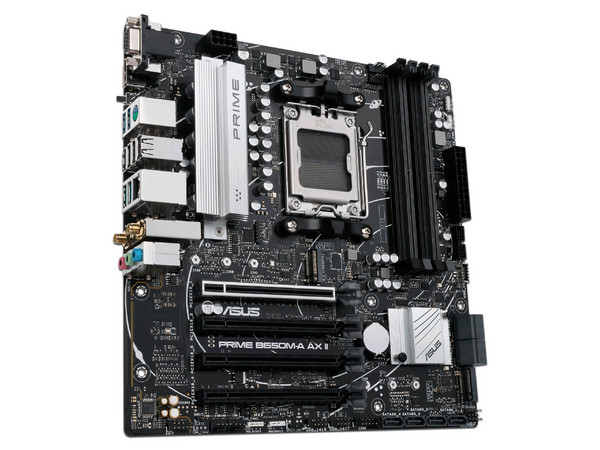T. Madre ASUS PRIME B650M-A AX II,
Chipset AMD B650,
Segmento: Alto,
Soporta: AMD 7ma Generación de Socket AM5,
RAM: DDR5 6400/5600/4800MHz, 128GB Max,
AudioHD, Red, WiFi, USB 3.2 y SATA 3.0,
M.2, M-ATX, Ptos:2xPCIE4.0x16, 2xPCIE4.0x1.