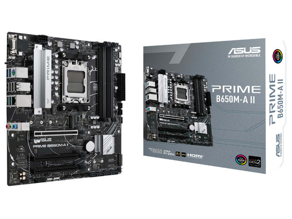 T. Madre ASUS PRIME B650M-A II,
Chipset AMD B650, 
Segmento: Alto,
Soporta: Procesadores AMD Serie 9000, 8000 y 7000, Socket AM5,
RAM: DDR5 6400/5600/4800MHz, 128GB Max, 
AudioHD, Red, USB 3.2 y SATA 3.0, M.2, 
M-ATX, Ptos: 1xPCIE4.0x16.