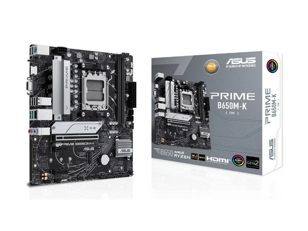 T. Madre ASUS PRIME B650M-K CSM:
Chipset AMD B650, 
Segmento: Alto,
Soporta: Procesadores AMD Ryzen Serie 8000 y 9000, Socket AM5, 
Memoria: DDR5 6400MHz, 96GB Max, 
Integrado: HDMI 2.1, Audio HD, USB, 
Micro ATX, Ptos: 1xPCIE4.0x16.