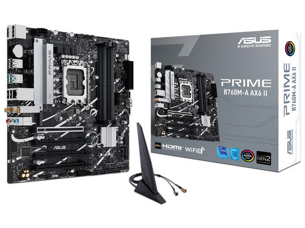 T. Madre ASUS PRIME B760M-A AX6 II, 
Chipset Intel B760, 
Segmento: Alto,
Soporta Procesadores Intel Core i9, i7, i5, i3, Celeron, Pentium, Socket LGA 1700, 
Memoria DDR5 hasta 6000(OC) MHz, 
Wi-Fi 6, M.2, 
Micro ATX. Ptos: 4xPCIE4.0x16