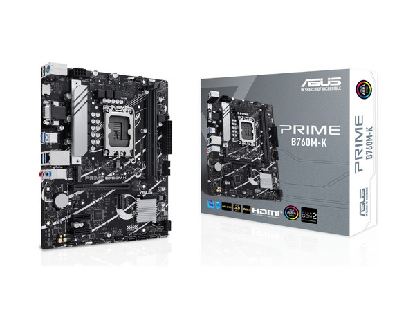 T. Madre ASUS PRIME PRIME B760M-K,
Chipset Intel B760, Soporta: Intel 14va y 13va Generación,
Segmento: Básico,
Socket 1700,
Memoria: DDR5 8000/7200/6000MHz, 96GB Max,
Integrado: AudioHD, Red, USB 3.1 y SATA 3.0, M.2,
Micro-ATX, Ptos: 1xPCIE4.0x16.