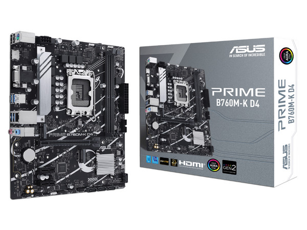 T. Madre ASUS PRIME B760M-K D4 Chipset Intel B760M,
Soporta: Intel 13va y 12va Generación de Socket 1700,
Memoria: DDR4 5333(OC)/4800(OC)/2133MHz, 64GB Max,
Integrado: AudioHD, Red, USB 3.1 y SATA 3.0, M.2,
Micro-ATX, Ptos: 1xPCIE4.0x16