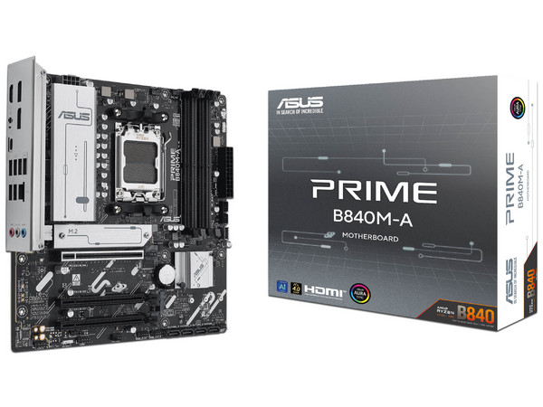 T. Madre ASUS PRIME B840M-A, 
Chipset AMD B840,
Segmento: Alto,
Soporta: Procesadores AMD Serie 9000, 8000 y 7000, Socket AM5, 
Memoria: DDR5 7600/5600/4800MHz, 256GB Max, 
Integrado: USB, M.2, 
Micro-ATX, Ptos: 1xPCIE4.0x16.