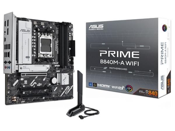 T. Madre ASUS PRIME B840M-A WIFI,
Chipset AMD B840, 
Segmento: Alto,
Soporta: Procesadores AMD Serie 9000, 8000 y 7000, Socket AM5, 
Memoria: DDR5 7600/5600/4800MHz, 256GB Max,
Integrado: Wi-Fi, USB, M.2, 
Micro-ATX, Ptos: 1xPCIE4.0x16.