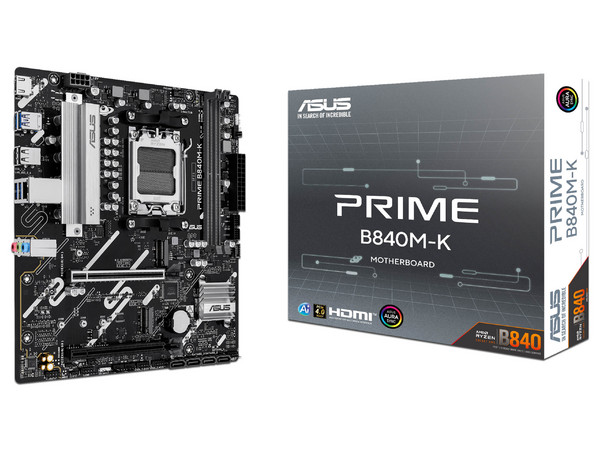 T. Madre ASUS PRIME B840M-K,
Chipset AMD B840, 
Segmento: Alto,
Soporta: Procesadores AMD Serie 9000, 8000 y 7000, Socket AM5, 
Memoria: DDR5 7600/4800MHz, 256GB Max,
Integrado: Wi-Fi, USB, M.2, USB C, 
Micro-ATX, Ptos: 2xPCIE4.0x16.
