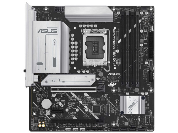 T. Madre ASUS PRIME B860M-A WIFI:
Chipset B860, 
Segmento: Alto,
Soporta: Procesadores Intel Core Ultra (Series 2), Socket LGA 1851,
Memoria: DDR5 8600/6800/5600MHz, 256GB Max,
Integrado: Wi-Fi, USB, M.2,
Micro- ATX, Ptos: 1xPCIE5.0x16.