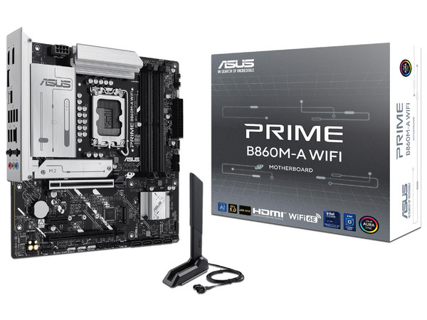 T. Madre ASUS PRIME B860M-A WIFI:
Chipset B860, 
Segmento: Alto,
Soporta: Procesadores Intel Core Ultra (Series 2), Socket LGA 1851,
Memoria: DDR5 8600/6800/5600MHz, 256GB Max,
Integrado: Wi-Fi, USB, M.2,
Micro- ATX, Ptos: 1xPCIE5.0x16.