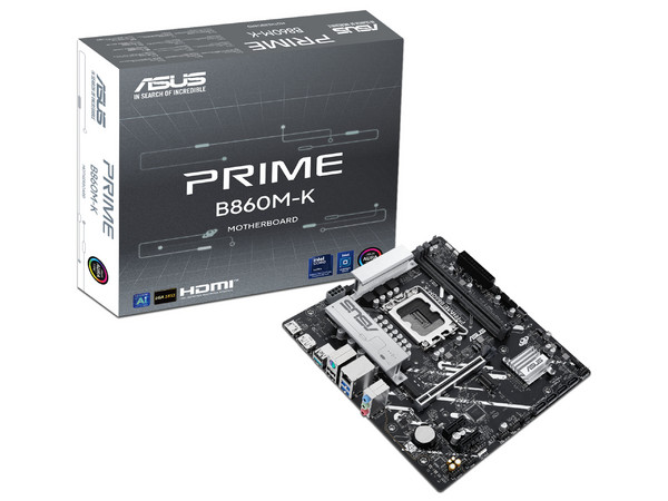 T. Madre ASUS PRIME B860M-K:
Chipset Intel B860M,
Segmento: Alto,
Soporta: Procesadores Intel Core Ultra (Serie 2), Socket LGA1851, 
Memoria: DDR5 7600/5600MHz, 128GB Max, 
Integrado: USB, M.2, Micro-ATX, 
Ptos: 1xPCIE4.0x16.