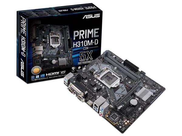T. Madre ASUS PRIME H310M-D, Chipset Intel H310,
Soporta: Core i7 / i5 / i3 / Pentium / Celeron de 8va. Gen., Socket 1151,
Memoria: DDR4 2133MHz, 32GB Max,
Integrado: Audio HD, Red,
USB 3.0, SATA 3.0 y M.2,
Micro-ATX, Ptos: 1xPCIE 3.0 x16.