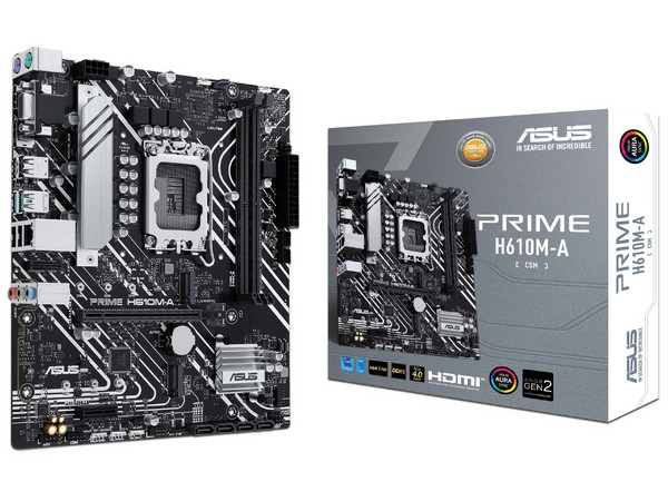 T. Madre Asus PRIME H610M-A-CSM:
Chipset Intel H610,
Segmento: Básico,
Soporta: Intel 12va, 13va y 14va Generación, Socket 1700, 
Memoria: DDR5 5600/5400/5200/5000/4800 MHz, 96GB Max, 
Audio HD, Red, USB 3.2, SATA 3.0,
Micro-ATX, Ptos: 1xPCIE4x16.