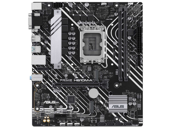 T. Madre Asus PRIME H610M-A-CSM:
Chipset Intel H610,
Segmento: Básico,
Soporta: Intel 12va, 13va y 14va Generación, Socket 1700, 
Memoria: DDR5 5600/5400/5200/5000/4800 MHz, 96GB Max, 
Audio HD, Red, USB 3.2, SATA 3.0,
Micro-ATX, Ptos: 1xPCIE4x16.