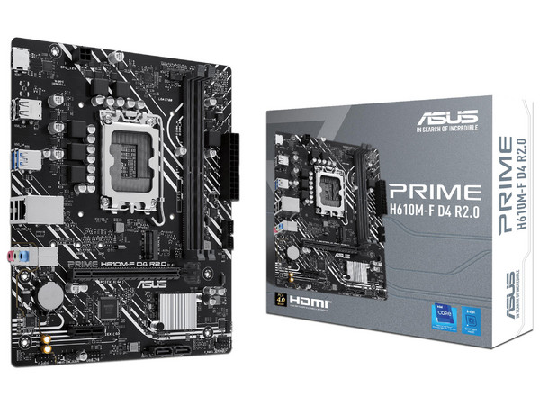 T. Madre ASUS PRIME H610M-F D4 R2.0: 
Chipset Intel H610, 
Segmento: Básico, 
Soporta: Procesadores Intel de 13va Generación, Socket 1700, 
Memoria: DDR4 3200/2800/2133MHz, 64GB Max, 
AudioHD, Red, USB y SATA 3.0, M.2, 
M-ATX, Ptos: 1xPCIE4.0x16.