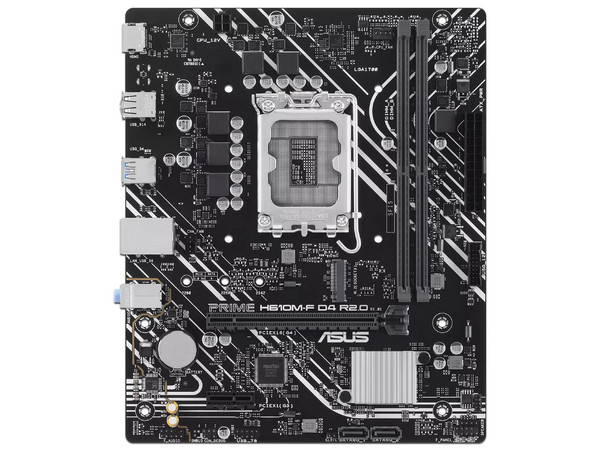 T. Madre ASUS PRIME H610M-F D4 R2.0: 
Chipset Intel H610, 
Segmento: Básico, 
Soporta: Procesadores Intel de 13va Generación, Socket 1700, 
Memoria: DDR4 3200/2800/2133MHz, 64GB Max, 
AudioHD, Red, USB y SATA 3.0, M.2, 
M-ATX, Ptos: 1xPCIE4.0x16.
