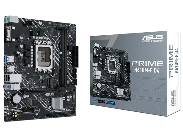 T. Madre ASUS PRIME H610M-F WIFI D4:
Chipset Intel H610,
Segmento: Básico,
Soporta: Procesadores Intel de 13va Generación, Socket 1700,
Memoria: DDR4 3200/2800/2133MHz, 64GB Max,
AudioHD, Red, USB 3.1 y SATA 3.0, M.2,
M-ATX, Ptos: 1xPCIE4.0x16.