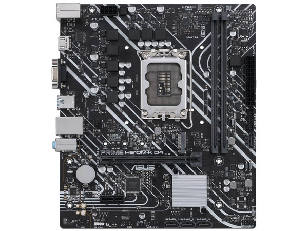 T. Madre ASUS PRIME H610M-K D4-CSM:
Chipset Intel H610,
Segmento: Básico,
Soporta Procesadores Intel Core 12va, 13va y 14va Gen, Socket 1700,
Memoria: DDR4 3200/2800/2133MHz, 64GB Max,
AudioHD, Red, USB 3.1 y SATA 3.0, M.2,
M-ATX, Ptos: 1xPCIE4.0x1