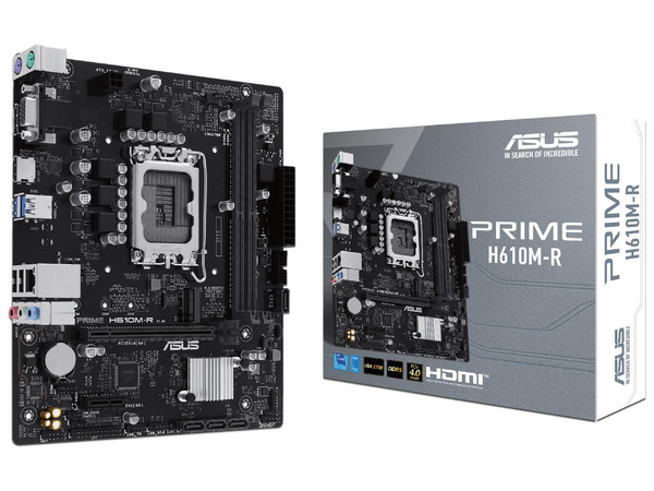 T. Madre ASUS Prime H610M-R:
Chipset Intel H610, 
Segmento: General,
Soporta: Procesador Intel Core 14va, 13va y 12va Gen, Socket 1700, 
RAM: DDR5 5600/5200/4800 MHz, 96GB Max, 
Audio HD, USB 3.2, SATA 3.0, M.2, 
Micro-ATX, Ptos: PCIe 4.0 x16.
