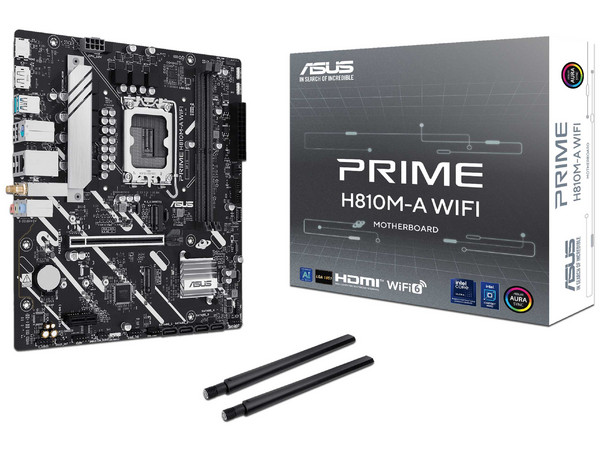 T. Madre ASUS PRIME H810M-A WIFI, 
Chipset Intel H810, 
Segmento: Básico, 
Soporta: Intel Ultra, Socket 1851, 
Memoria: DDR5, 128GB Max, 
Integrado: AudioHD, Red, USB 3.1, M.2, 
Micro-ATX, Ptos: 1xPCIE4.0x16, 1xPCIE3.0x1.