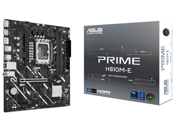 T. Madre ASUS PRIME H810M-E: 
Chipset Intel H810, 
Segmento: Básico, 
Soporta: Intel Ultra (Series 2), Socket 1851, 
Memoria: DDR5 6400 MT/s, 128GB Max, 
Integrado: AudioHD, Red, USB 3.1, M.2, 
Micro-ATX, Ptos: 1xPCIE4.0x16, 1xPCIE4.0x1.
