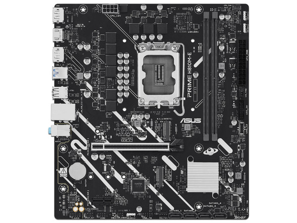T. Madre ASUS PRIME H810M-E: 
Chipset Intel H810, 
Segmento: Básico, 
Soporta: Intel Ultra (Series 2), Socket 1851, 
Memoria: DDR5 6400 MT/s, 128GB Max, 
Integrado: AudioHD, Red, USB 3.1, M.2, 
Micro-ATX, Ptos: 1xPCIE4.0x16, 1xPCIE4.0x1.
