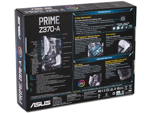 T. Madre Asus PRIME Z370-A, Chipset Intel Z370,
Soporta: Core i7 / i5 / i3 de 8va Gen., Socket 1151,
Memoria: DDR4 4000(O.C.)/3866(O.C.)/2400(O.C.)/2133 MHz, 64GB Max,
Integrado: Audio HD, Red,
USB 3.0 y SATA 3.0,
ATX,
Ptos: 3xPCIE3.0.