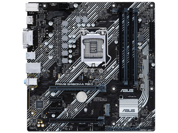 T.Madre ASUS PRIME B460M-A R2.0, Chipset Intel B460,
Soporta: Intel 10ma Generación de Socket 1200,
Memoria DDR4 2933/2666/2133 MHz, 128GB Máx, 
Integrado: Audio HD, Red y SATA 3.0, M.2, 
MicroATX Ptos: 1xPCIEx16, 2XPCIEx1.