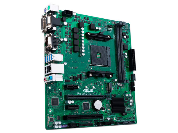 T. Madre Asus Pro A520M-C II / CSM, Chipset AMD A520, 
 Soporta: AMD Ryzen 3ra, 4ta y 5ta Generación, Socket AM4,
Memoria: DDR4 4600/3866/2133 MHz, 64GB Max,
 Integrado: Audio HD, Red, USB 3.1,
SATA 3.0, M.2, 
Micro-ATX, Ptos: 1xPCI, 1xPCIEx16